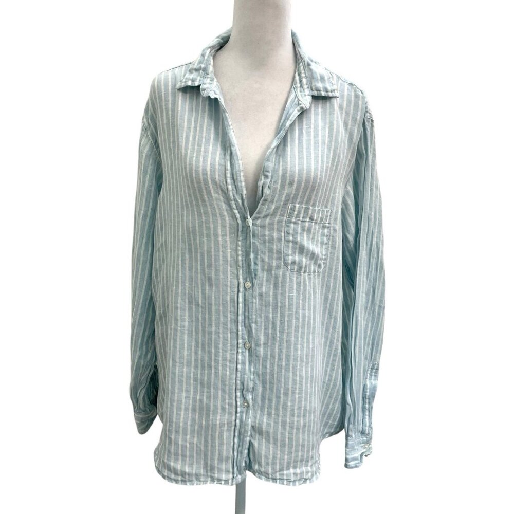 Grayson 100% Linen Stripe Hero V-Neck Button Front Shirt Blue White size XL